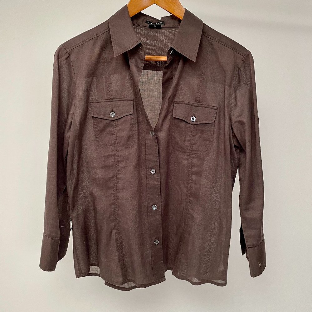 Theory Lightweight Shirt Blouse Fitted Princess Seam, Chocolate Brown, Size L